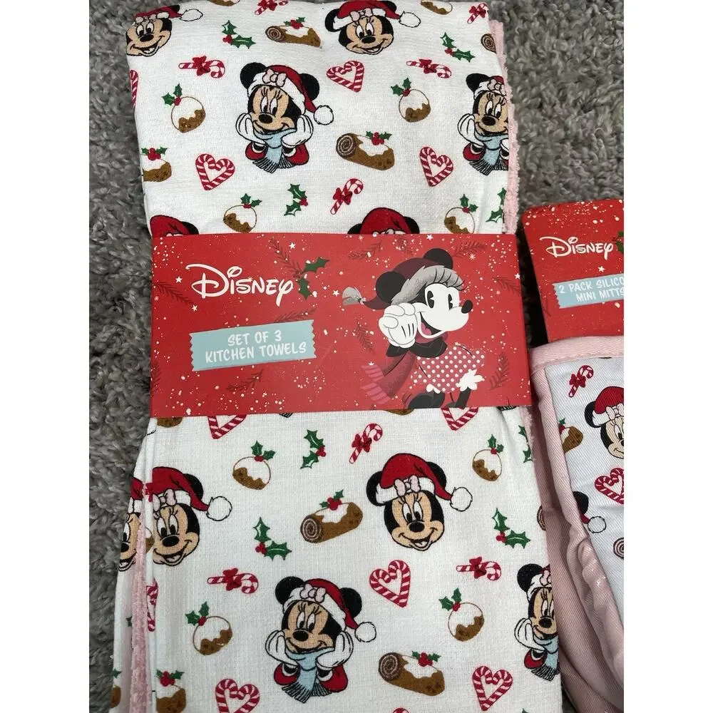 Disney Minnie Mouse Santa Hat Candy Cane Hearts Silicone Oven Mitts Towels Set
